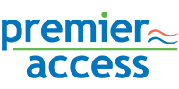 Premier Access logo with blue text and teal accent wave design element