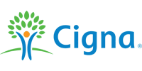 Cigna insurance logo featuring blue text and green stylized figure with leaves design.