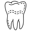 Simple line drawing of a tooth with roots and dotted decay line indicating dental cavity or damage.