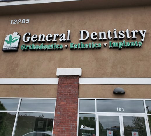 Rolling Hills Family Dentistry storefront with signage for general dentistry, orthodontics, esthetics, and implants.