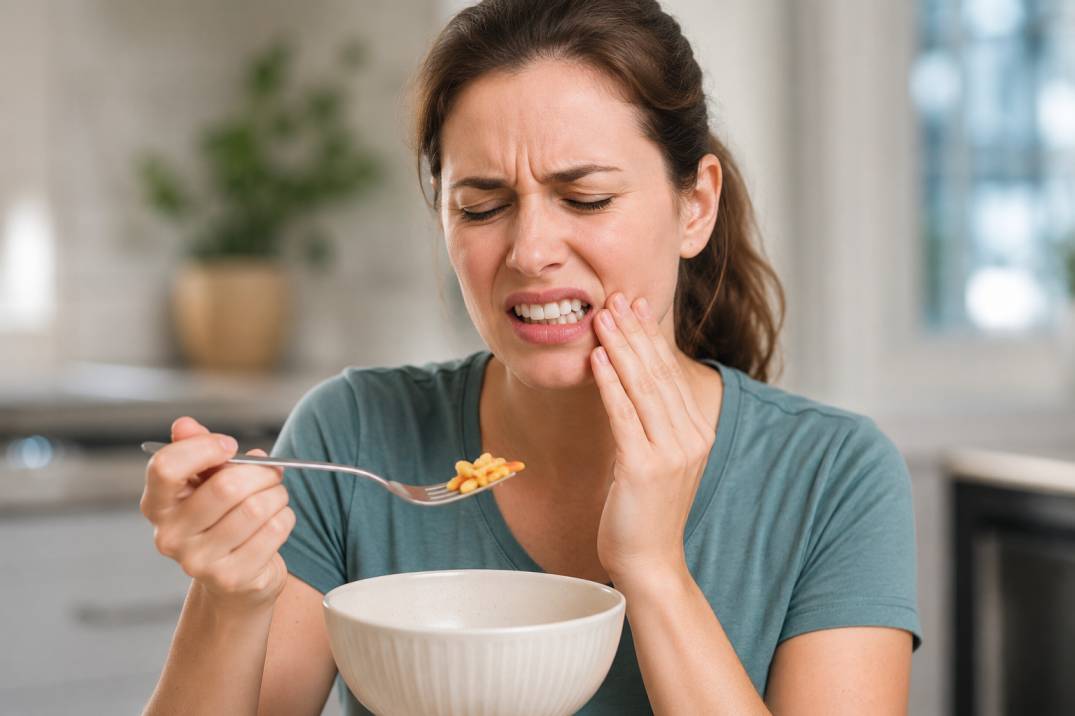 Woman experiencing tooth pain while biting food during a meal